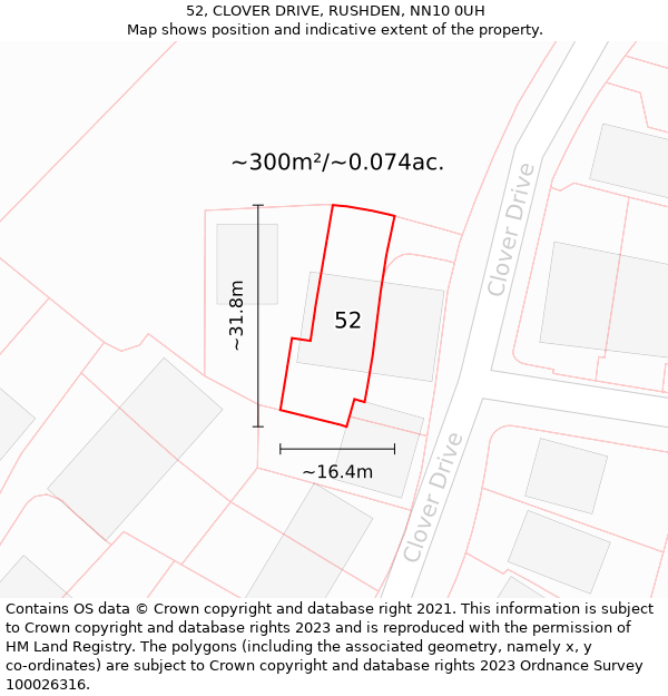 52, CLOVER DRIVE, RUSHDEN, NN10 0UH: Plot and title map
