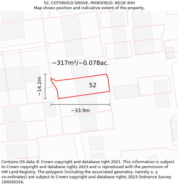 52, COTSWOLD GROVE, MANSFIELD, NG18 3HH: Plot and title map