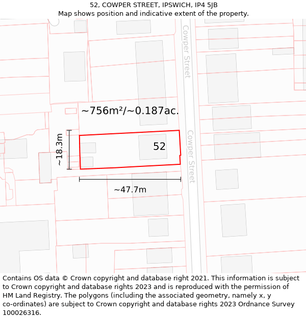 52, COWPER STREET, IPSWICH, IP4 5JB: Plot and title map