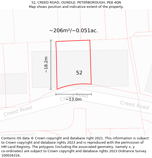 52, CREED ROAD, OUNDLE, PETERBOROUGH, PE8 4QN: Plot and title map