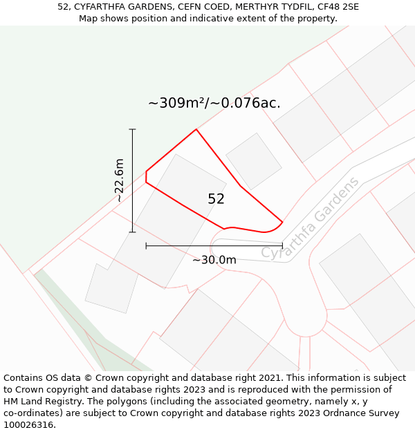 52, CYFARTHFA GARDENS, CEFN COED, MERTHYR TYDFIL, CF48 2SE: Plot and title map