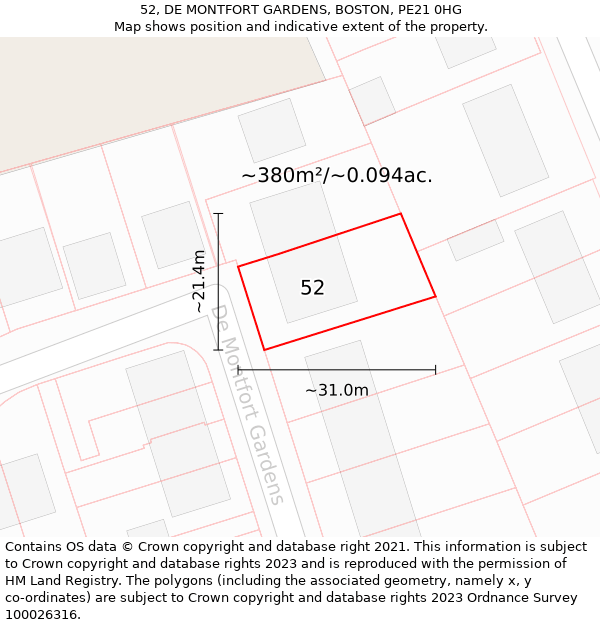 52, DE MONTFORT GARDENS, BOSTON, PE21 0HG: Plot and title map