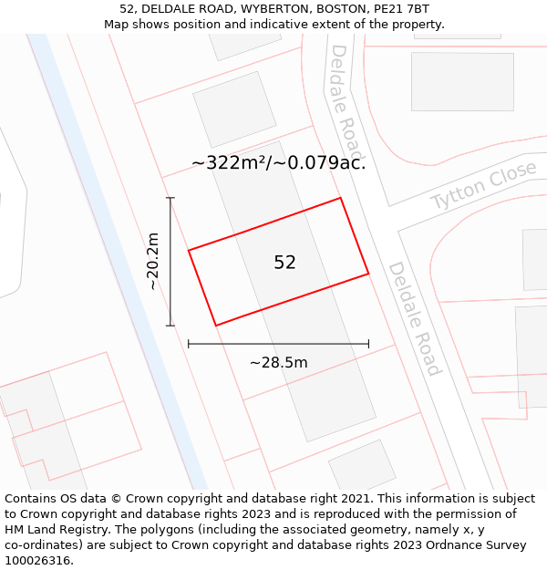 52, DELDALE ROAD, WYBERTON, BOSTON, PE21 7BT: Plot and title map