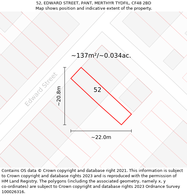 52, EDWARD STREET, PANT, MERTHYR TYDFIL, CF48 2BD: Plot and title map