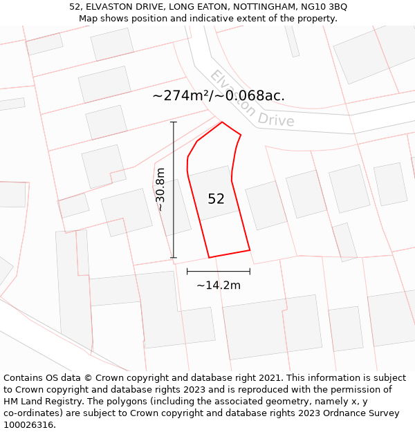 52, ELVASTON DRIVE, LONG EATON, NOTTINGHAM, NG10 3BQ: Plot and title map