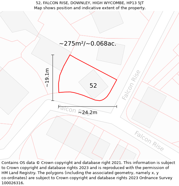 52, FALCON RISE, DOWNLEY, HIGH WYCOMBE, HP13 5JT: Plot and title map