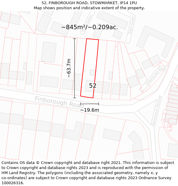 52, FINBOROUGH ROAD, STOWMARKET, IP14 1PU: Plot and title map