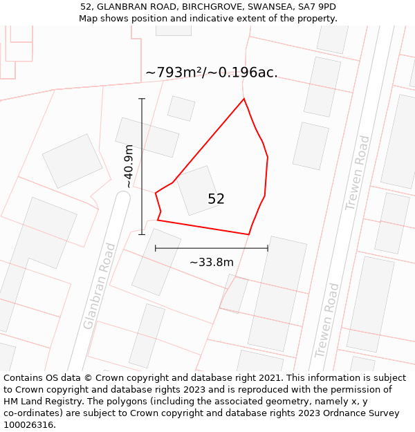 52, GLANBRAN ROAD, BIRCHGROVE, SWANSEA, SA7 9PD: Plot and title map