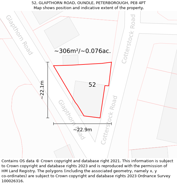 52, GLAPTHORN ROAD, OUNDLE, PETERBOROUGH, PE8 4PT: Plot and title map