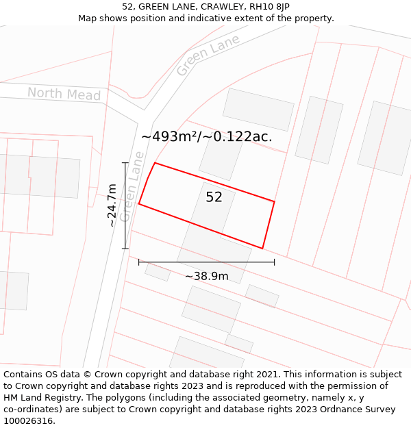 52, GREEN LANE, CRAWLEY, RH10 8JP: Plot and title map