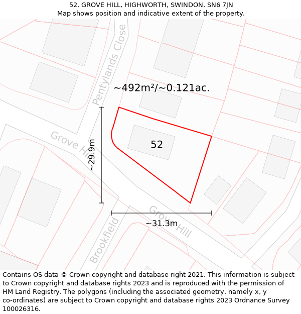 52, GROVE HILL, HIGHWORTH, SWINDON, SN6 7JN: Plot and title map