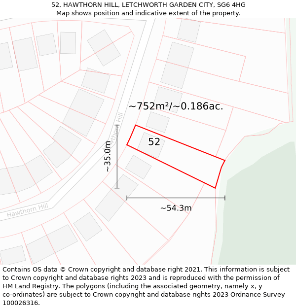 52, HAWTHORN HILL, LETCHWORTH GARDEN CITY, SG6 4HG: Plot and title map