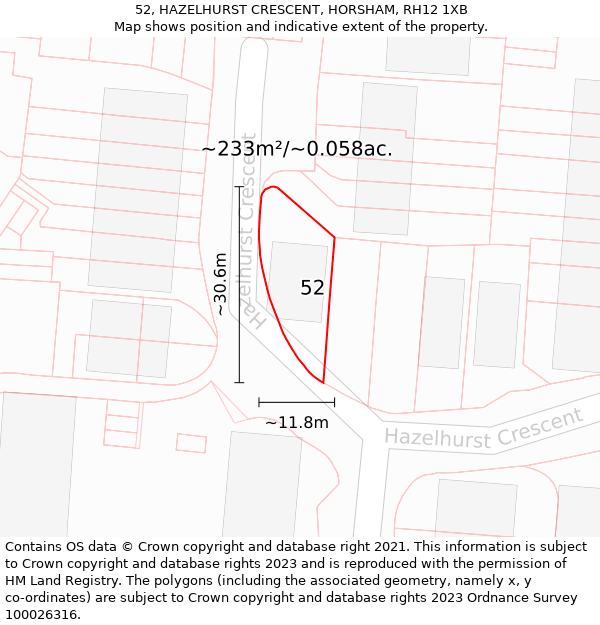 52, HAZELHURST CRESCENT, HORSHAM, RH12 1XB: Plot and title map