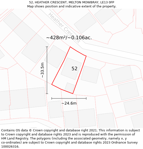 52, HEATHER CRESCENT, MELTON MOWBRAY, LE13 0FP: Plot and title map