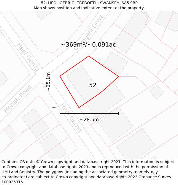 52, HEOL GERRIG, TREBOETH, SWANSEA, SA5 9BP: Plot and title map