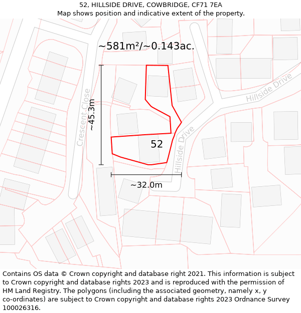 52, HILLSIDE DRIVE, COWBRIDGE, CF71 7EA: Plot and title map