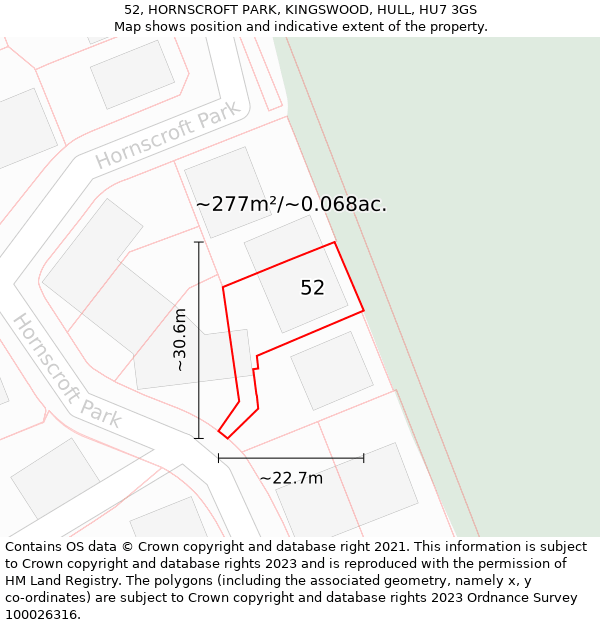 52, HORNSCROFT PARK, KINGSWOOD, HULL, HU7 3GS: Plot and title map