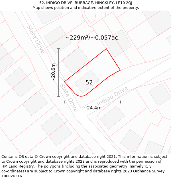 52, INDIGO DRIVE, BURBAGE, HINCKLEY, LE10 2QJ: Plot and title map