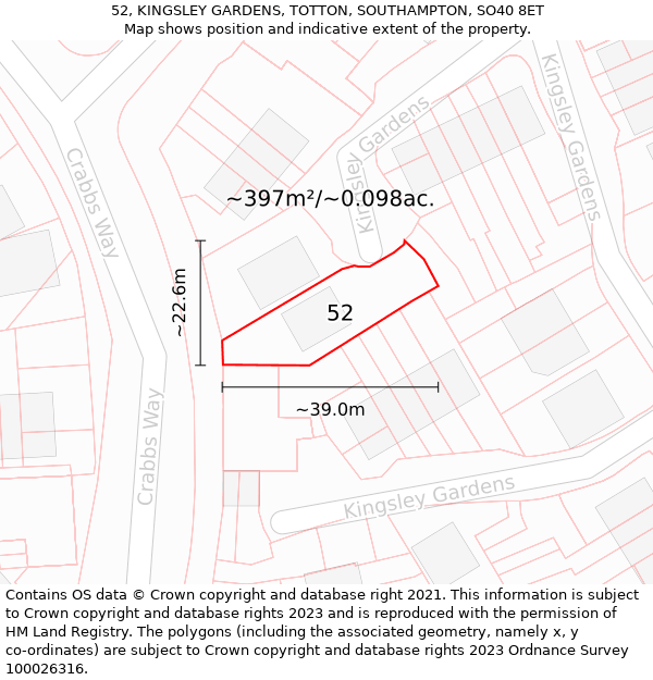 52, KINGSLEY GARDENS, TOTTON, SOUTHAMPTON, SO40 8ET: Plot and title map