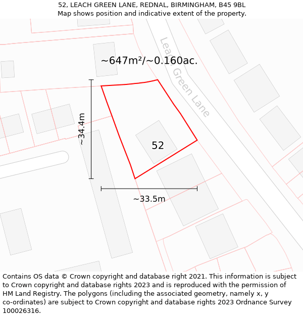 52, LEACH GREEN LANE, REDNAL, BIRMINGHAM, B45 9BL: Plot and title map