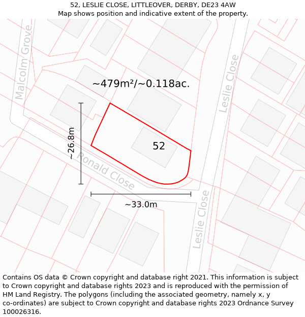 52, LESLIE CLOSE, LITTLEOVER, DERBY, DE23 4AW: Plot and title map