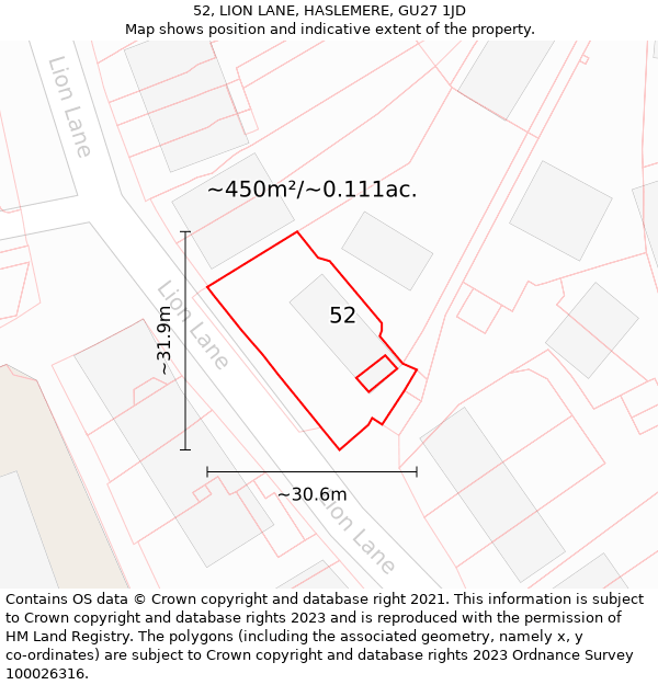 52, LION LANE, HASLEMERE, GU27 1JD: Plot and title map