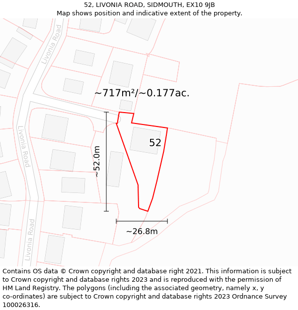 52, LIVONIA ROAD, SIDMOUTH, EX10 9JB: Plot and title map