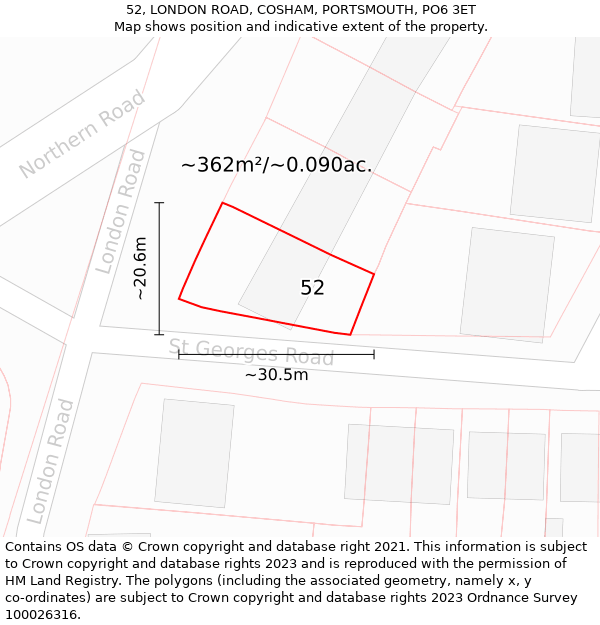 52, LONDON ROAD, COSHAM, PORTSMOUTH, PO6 3ET: Plot and title map