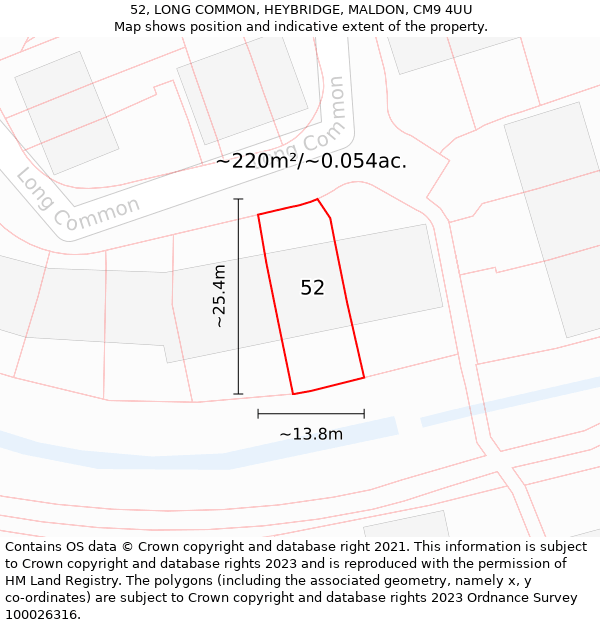 52, LONG COMMON, HEYBRIDGE, MALDON, CM9 4UU: Plot and title map