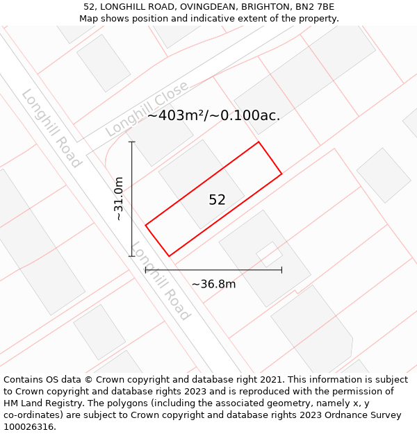 52, LONGHILL ROAD, OVINGDEAN, BRIGHTON, BN2 7BE: Plot and title map