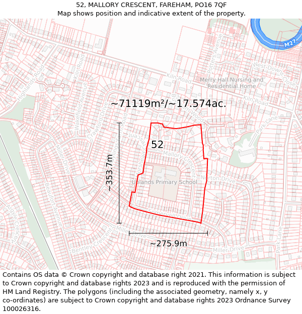 52, MALLORY CRESCENT, FAREHAM, PO16 7QF: Plot and title map