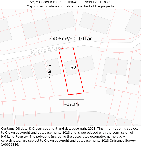 52, MARIGOLD DRIVE, BURBAGE, HINCKLEY, LE10 2SJ: Plot and title map