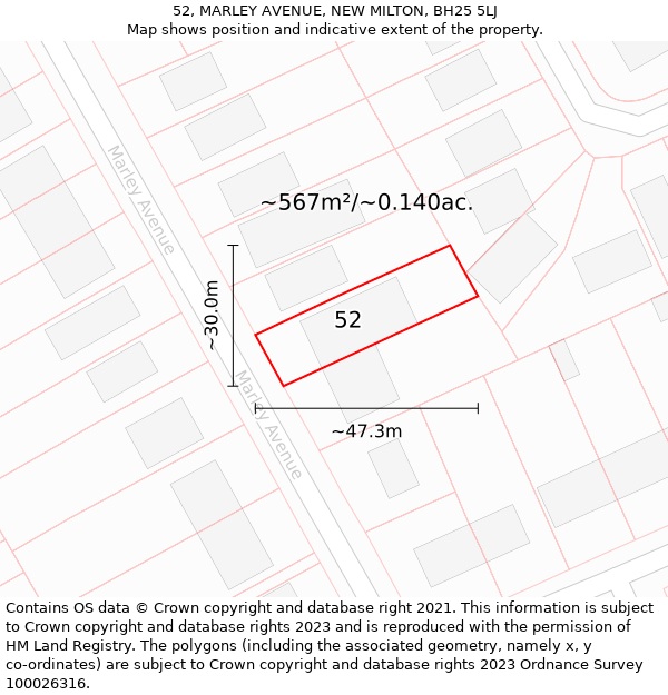 52, MARLEY AVENUE, NEW MILTON, BH25 5LJ: Plot and title map