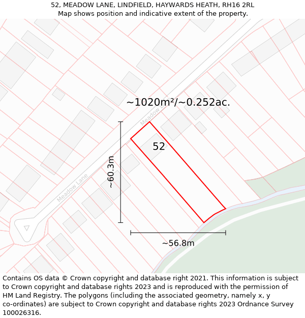 52, MEADOW LANE, LINDFIELD, HAYWARDS HEATH, RH16 2RL: Plot and title map