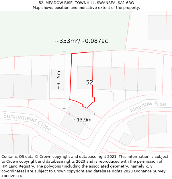 52, MEADOW RISE, TOWNHILL, SWANSEA, SA1 6RG: Plot and title map
