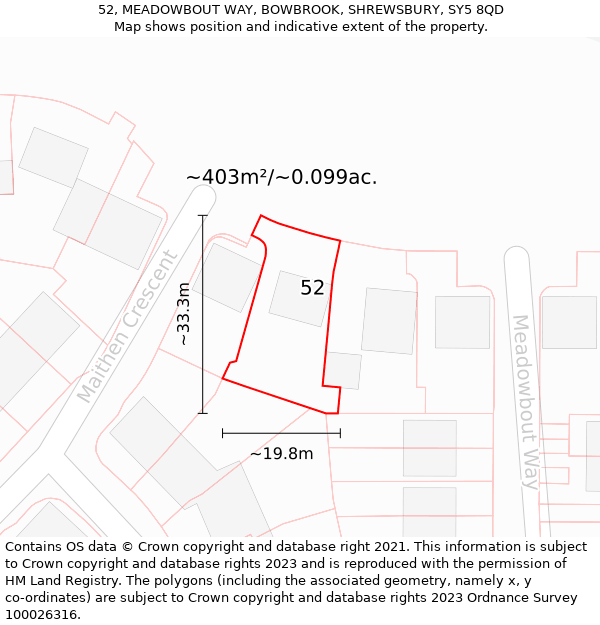 52, MEADOWBOUT WAY, BOWBROOK, SHREWSBURY, SY5 8QD: Plot and title map