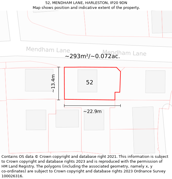 52, MENDHAM LANE, HARLESTON, IP20 9DN: Plot and title map