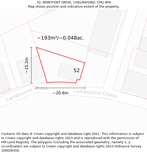 52, MONTFORT DRIVE, CHELMSFORD, CM2 9FN: Plot and title map