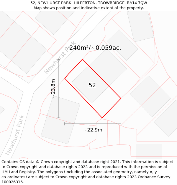 52, NEWHURST PARK, HILPERTON, TROWBRIDGE, BA14 7QW: Plot and title map