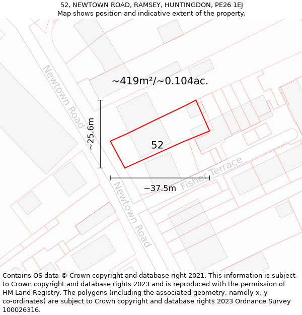 52, NEWTOWN ROAD, RAMSEY, HUNTINGDON, PE26 1EJ: Plot and title map