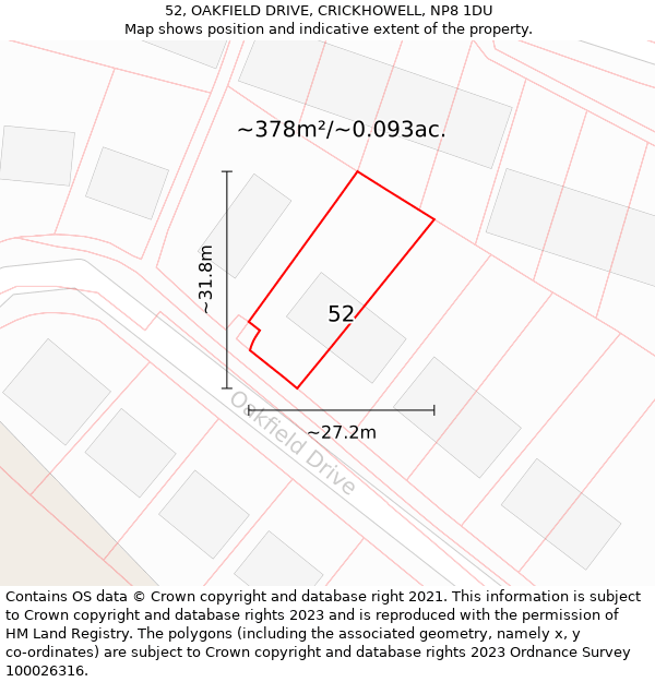 52, OAKFIELD DRIVE, CRICKHOWELL, NP8 1DU: Plot and title map