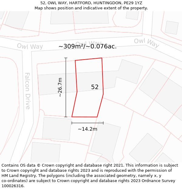 52, OWL WAY, HARTFORD, HUNTINGDON, PE29 1YZ: Plot and title map