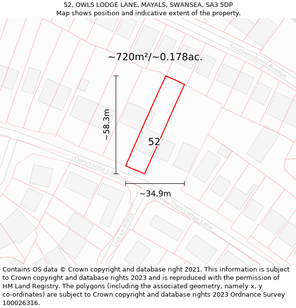 52, OWLS LODGE LANE, MAYALS, SWANSEA, SA3 5DP: Plot and title map