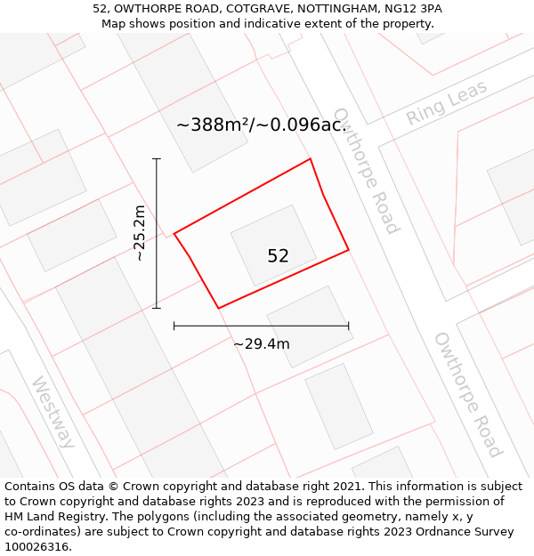 52, OWTHORPE ROAD, COTGRAVE, NOTTINGHAM, NG12 3PA: Plot and title map