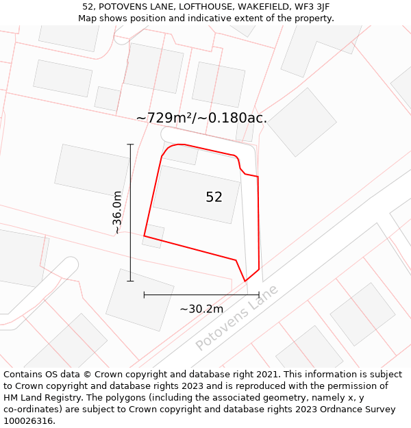 52, POTOVENS LANE, LOFTHOUSE, WAKEFIELD, WF3 3JF: Plot and title map