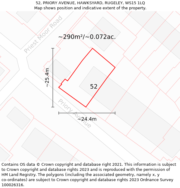 52, PRIORY AVENUE, HAWKSYARD, RUGELEY, WS15 1LQ: Plot and title map