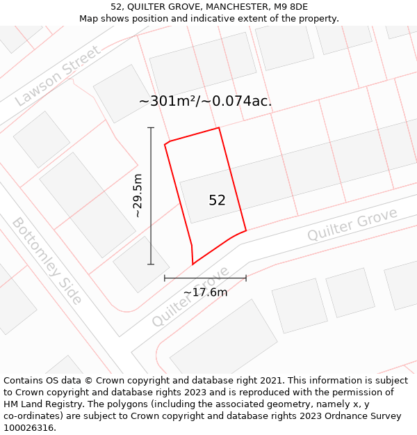 52, QUILTER GROVE, MANCHESTER, M9 8DE: Plot and title map