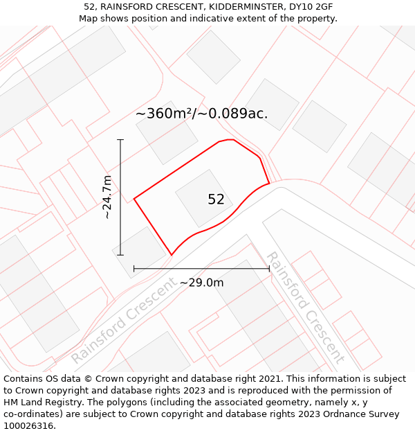 52, RAINSFORD CRESCENT, KIDDERMINSTER, DY10 2GF: Plot and title map