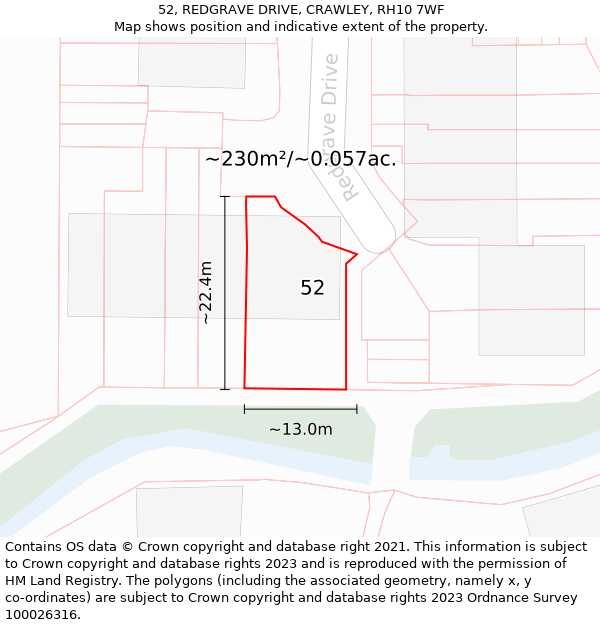 52, REDGRAVE DRIVE, CRAWLEY, RH10 7WF: Plot and title map
