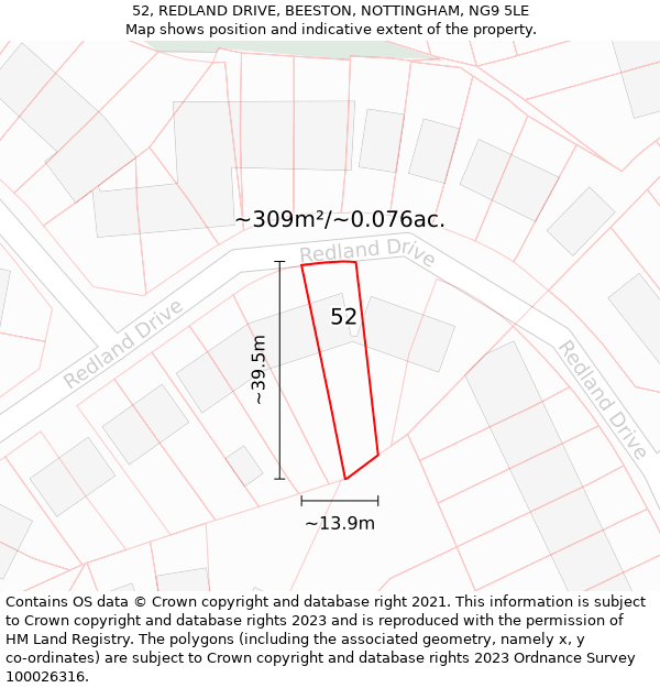 52, REDLAND DRIVE, BEESTON, NOTTINGHAM, NG9 5LE: Plot and title map